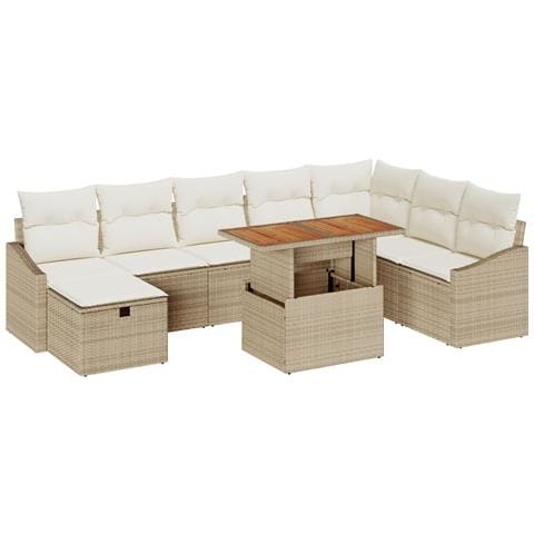 Set di divani da giardino 9 pezzi con cuscini, Beige, Polyrattan - Foto 1