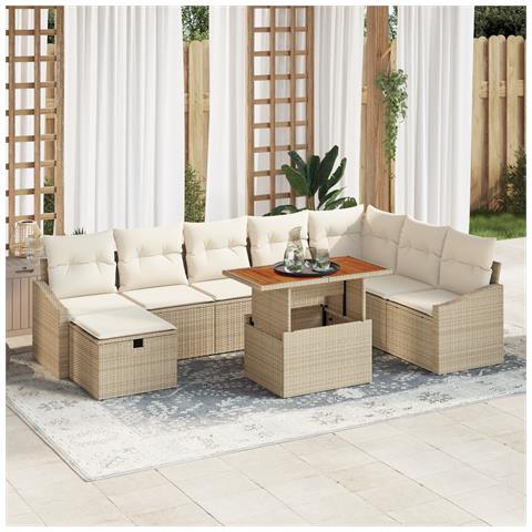 Set di divani da giardino 9 pezzi con cuscini, Beige, Polyrattan - Foto 2