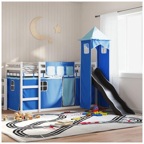 Letto a Castello con Scivolo e Tende Blu 90x190 cm - Foto 2