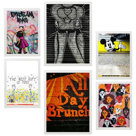 Set Di 6 Stampe Pittura Decorativa, Graffiti, Street Art, A Colori, Con Cornice E Illustrazioni. A3 & A4 Cornice Bianca - Foto 1