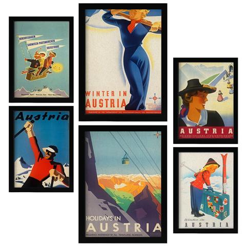 Set Di 6 Stampe Austria Illustrazioni A Colori Di Cartelloni Pubblicitari Turistici D'epoca Provenienti Da Tutto Il Mondo Design D'interni A3 & A4 Cornice Nera - Foto 1