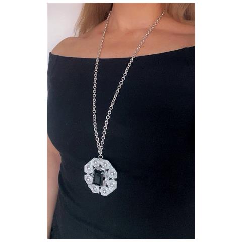 Collana Lunga Bisanzio Argento Invecchiato 10µ E Cristallo Nero - Foto 3