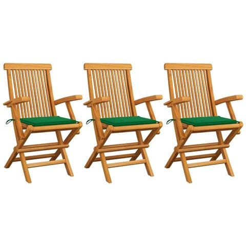 Sedie da Giardino con Cuscini Verdi 3 pz in Massello di Teak - Foto 1