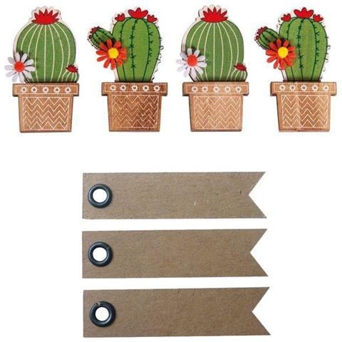 4 Adesivi In ? ? legno Cactus 6,1 Cm + 20 Etichette Kraft Con Gagliardetto - Foto 1