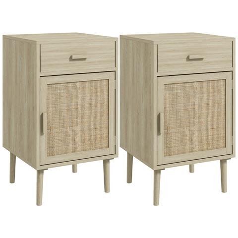 Set 2 Comodini Per Camera Da Letto Con Cassetto E Anta In Rattan Stile Boho, Colore Legno - Foto 1