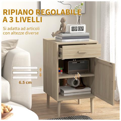 Set 2 Comodini Per Camera Da Letto Con Cassetto E Anta In Rattan Stile Boho, Colore Legno - Foto 6