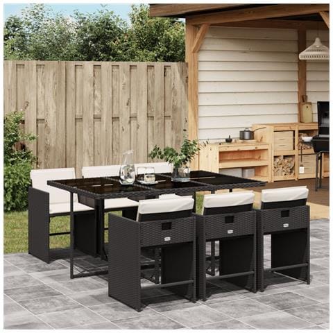 Set Da Pranzo Da Giardino 7 Pz Nero Con Cuscini In Polyrattan - Foto 1