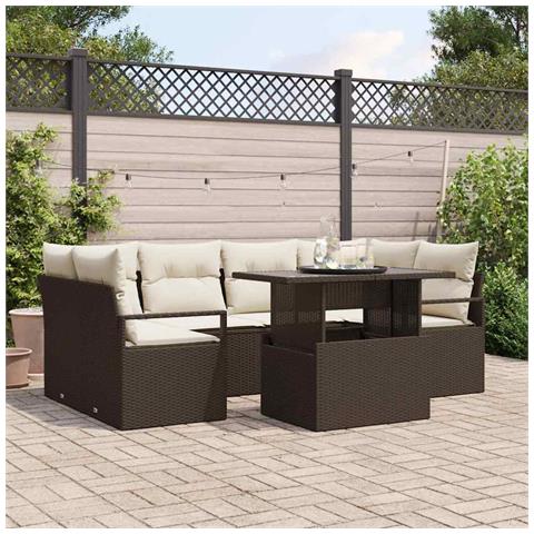 Set di Divani da Giardino 7 Pezzi con Cuscini Marrone Rattan Polietilene, Divano da Giardino a 2 Posti con Cuscini Marrone Rattan Polietilene - Foto 2