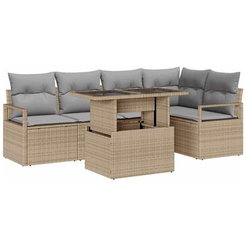 Set di Sofà da Giardino  6 Pezzi con Cuscini Rattan Beige, Sofà da Giardino 2 Posti  con Ripostiglio e Cuscini Rattan Beige - Foto 1