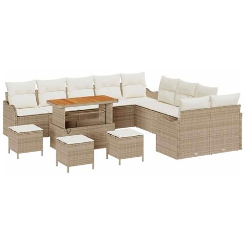 Set Divano da Giardino 14 Pezzi con Cuscini Beige Polyrattan Acacia, Divano da Giardino a 2 Posti con Cuscini Beige Polyrattan, Set da Pranzo da Giardino 4 Pezzi con Cuscini Beige Polyrattan Acacia - Foto 1