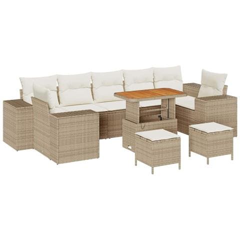 Set Divano da Giardino a 10 Pezzi con Cuscini Beige Rattan Poli Acacia, Set da Pranzo da Giardino a 3 Pezzi con Cuscini Beige Rattan Poli Acacia - Foto 1