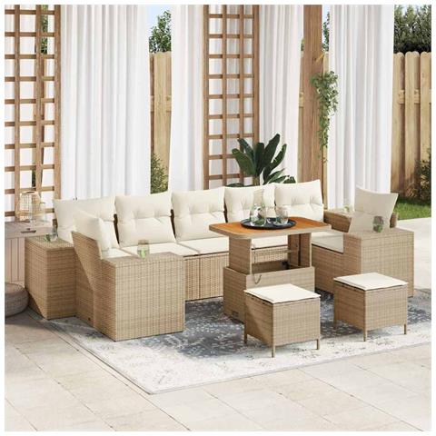 Set Divano da Giardino a 10 Pezzi con Cuscini Beige Rattan Poli Acacia, Set da Pranzo da Giardino a 3 Pezzi con Cuscini Beige Rattan Poli Acacia - Foto 2
