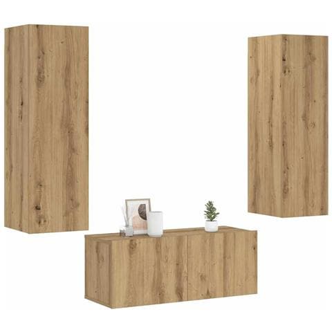 Mobili TV a Parete 3 pz Rovere Artigianale in Legno Multistrato - Foto 2
