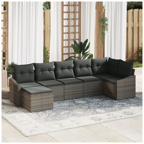 Set da Pranzo da Giardino 7 Pz con Cuscini Grigio Poly Rattan - Foto 2