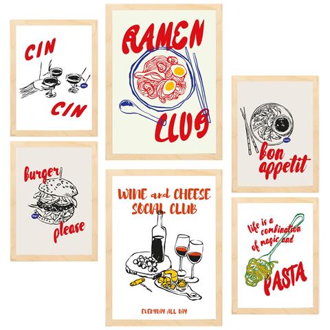 Set Di 6 Stampe Dipinti Decorativi Illustrazioni Di Cibo E Pop Art Ramen E Pasta Illustrazioni Incorniciate A3 & A4 Telaio In Legno Chiaro - Foto 1
