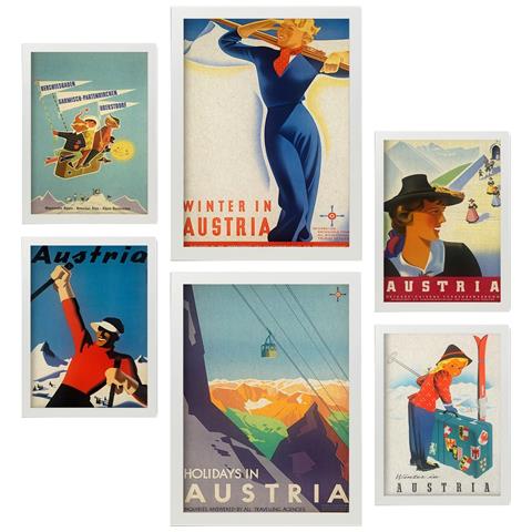 Set Di 6 Stampe Austria Illustrazioni A Colori Di Cartelloni Pubblicitari Turistici D'epoca Provenienti Da Tutto Il Mondo Design D'interni A3 & A4 Cornice Bianca - Foto 1