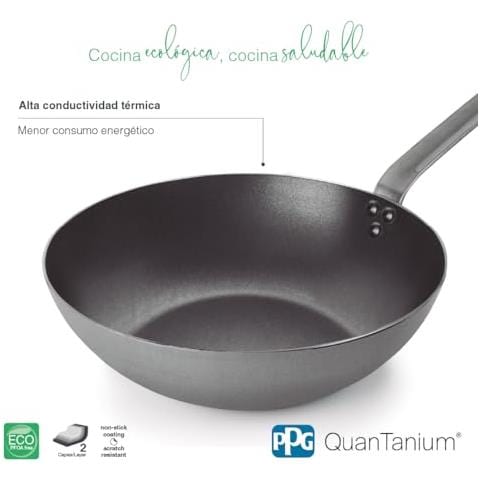 63829 - Wok in ferro, wok in ferro 100% naturale con rivestimento antiaderente a tre strati - Foto 3