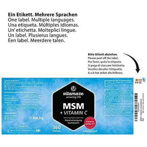 Vitamaze Msm Capsule Con La Vitamina C 360 Capsule Per 6 Mesi 1.334 Mg Dose Giornaliera Di Zolfo Organico In Polvere Il 999 Puro Metilsulfonilmetano Tedesco Di Qualit Supplemento - Foto 2