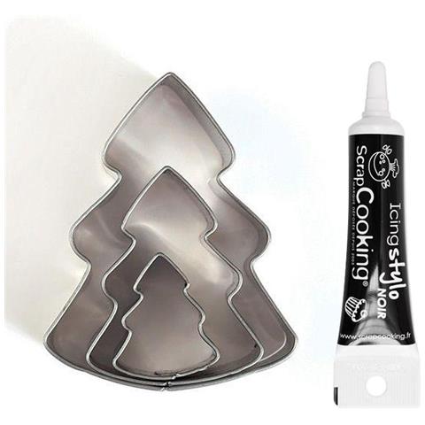 3 Mini Tagliabiscotti In Acciaio Inox Abeti + Penna Per Glassa Nera - Foto 1
