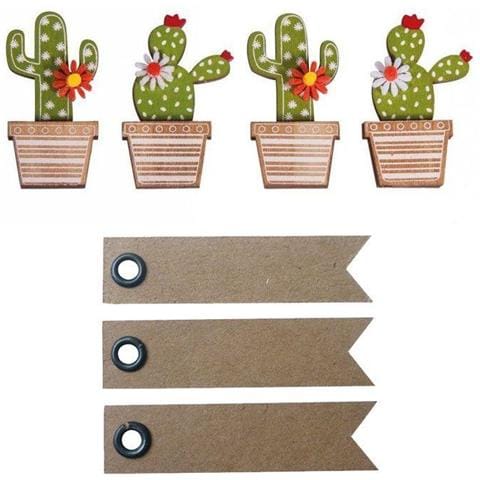 4 Adesivi In ? ? legno Cactus 6,5 Cm + 20 Etichette Kraft Con Gagliardetto - Foto 1