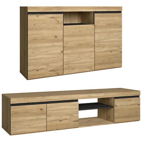 Set Naturale Soggiorno Sala Da Pranzo, Mobili Ausiliari, Buffet Mobile-tv 160cm Rovere Nordico Nero - Foto 1