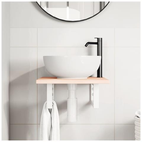 Ripiano A Parete Per Lavabo In Acciaio E Massello Di Rovere - Foto 2