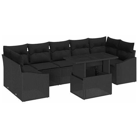 Set da Giardino a 8 Pezzi con Cuscini in Rattan Sintetico Nero - Foto 1