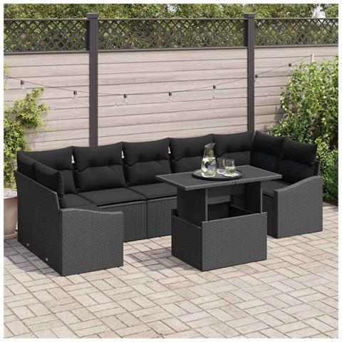 Set da Giardino a 8 Pezzi con Cuscini in Rattan Sintetico Nero - Foto 2