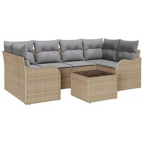 Set di Sofà da Giardino  7 Pezzi con Cuscini - Rattan Polietilene Beige, Sofà da Giardino per 2 Persone  con Cuscini - Rattan Polietilene Beige - Foto 1