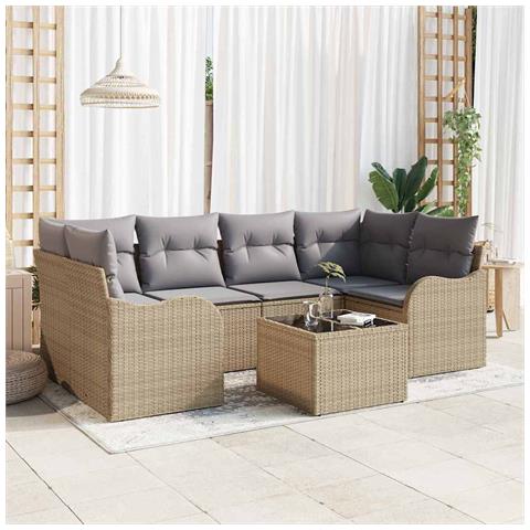 Set di Sofà da Giardino  7 Pezzi con Cuscini - Rattan Polietilene Beige, Sofà da Giardino per 2 Persone  con Cuscini - Rattan Polietilene Beige - Foto 2