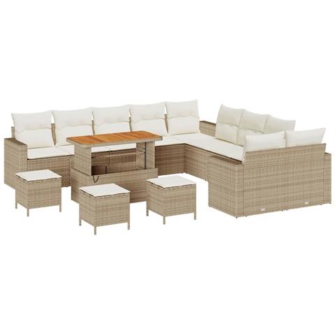 Set Divano da Giardino  14 pezzi con cuscini Beige Polyrattan Acacia, Set da pranzo da giardino  4 pezzi con cuscini Beige Polyrattan Acacia - Foto 1