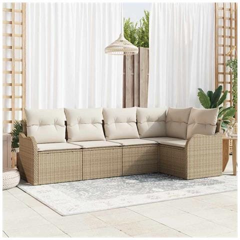 Set Divano da Giardino in 5 Pezzi con Cuscini in Rattan Polyrattan Beige,  Divano da Giardino per 2 Persone con Cuscini in Rattan Polyrattan Beige - Foto 2