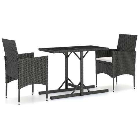 Set Pranzo da Giardino 3pz in Polyrattan e Vetro Temperato Nero - Foto 1
