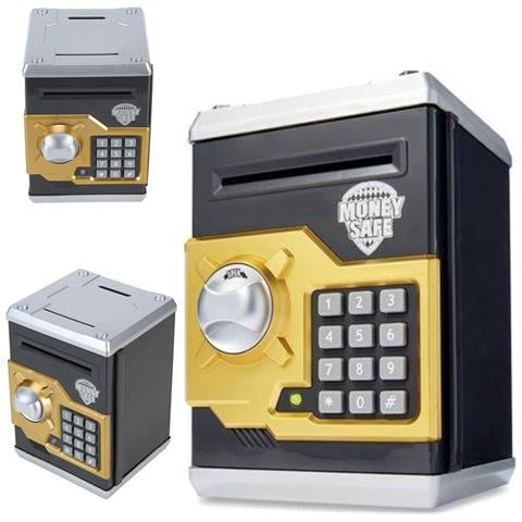 Salvadanaio cassaforte per monete, banconote, ATM, denaro, aperto con codice PIN, deposito contanti, nero e oro - Foto 1