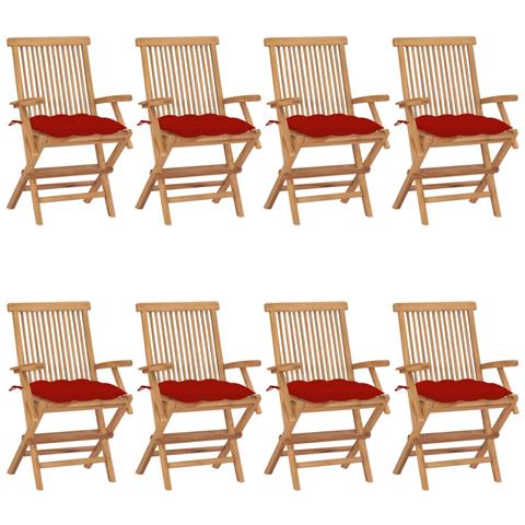 Sedie da Giardino con Cuscini Rossi 8 pz in Massello di Teak - Foto 1