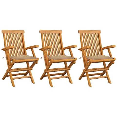 Sedie da Giardino con Cuscini Beige 3 pz Massello di Teak - Foto 1