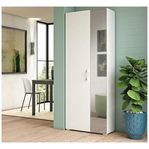 Scarpiera Tarassaco, Mobile Multiuso Da Ingresso Con Anta A Specchio, Armadio Moderno Portascarpe A 6 Ripiani, 100% Made In Italy, 72x37h195 Cm, Bianco - Foto 1