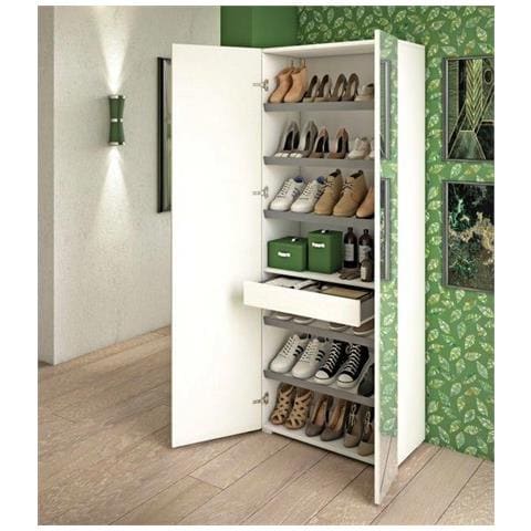 Scarpiera Tarassaco, Mobile Multiuso Da Ingresso Con Anta A Specchio, Armadio Moderno Portascarpe A 6 Ripiani, 100% Made In Italy, 72x37h195 Cm, Bianco - Foto 4