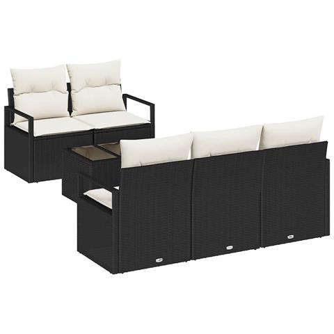 Set di divani da giardino  6 pezzi con cuscini in rattan nero, Divano da giardino  a 2 posti con cuscini in rattan nero - Foto 1