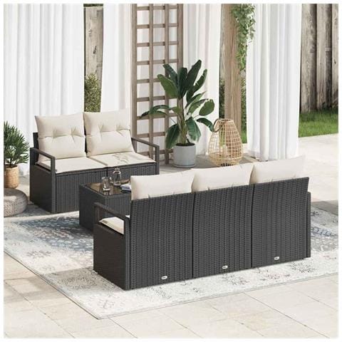 Set di divani da giardino  6 pezzi con cuscini in rattan nero, Divano da giardino  a 2 posti con cuscini in rattan nero - Foto 2