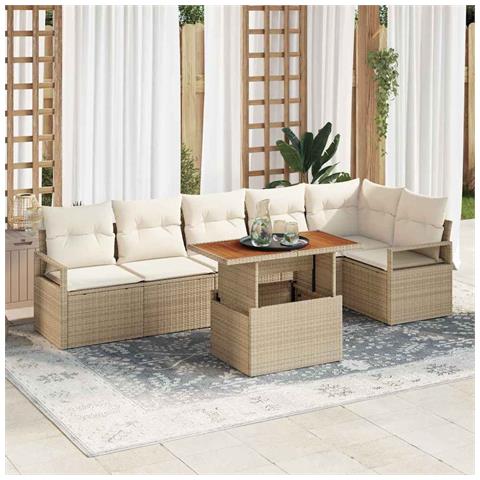 Set di Sofà da Giardino  7 Pezzi con Cuscini Beige Rattan Polietilene Acacia, Sofà da Giardino  2 Posti con Cuscini Beige Rattan Polietilene - Foto 2