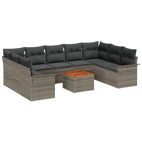 Set Divano da Giardino a 10 Pezzi con Cuscini Grigio Rattan Sintetico Acacia, Divano da Giardino a 2 Posti con Spazio di Stoccaggio e Cuscini Grigio Rattan Sintetico - Foto 1