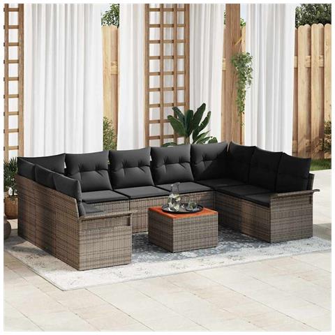 Set Divano da Giardino a 10 Pezzi con Cuscini Grigio Rattan Sintetico Acacia, Divano da Giardino a 2 Posti con Spazio di Stoccaggio e Cuscini Grigio Rattan Sintetico - Foto 2