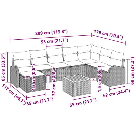 Set Divano da Giardino 9 Pezzi con Cuscini Nero Polyrattan Acacia - Foto 9