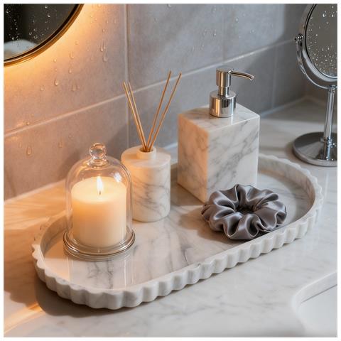 Vassoio Ovale Con Bordo In Pizzo Di Silicone - Motivo Marmo, Organizer Decorativo Per Cosmetici White - Foto 4