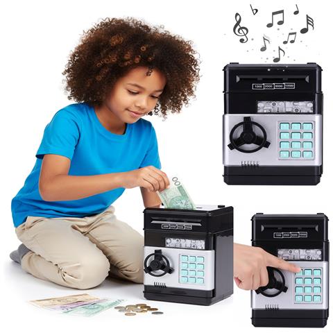 Salvadanaio cassaforte per monete, banconote, ATM, denaro, aperto con codice PIN, deposito contanti, nero e argento - Foto 4