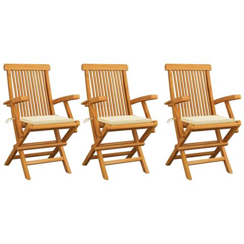 Sedie da Giardino con Cuscini Crema 3 pz Massello di Teak - Foto 1