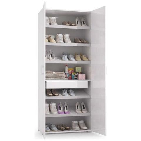 Scarpiera Tarassaco, Mobile Multiuso Da Ingresso Con Anta A Specchio, Armadio Moderno Portascarpe A 6 Ripiani, 100% Made In Italy, 72x37h195 Cm, Bianco E Cemento - Foto 4