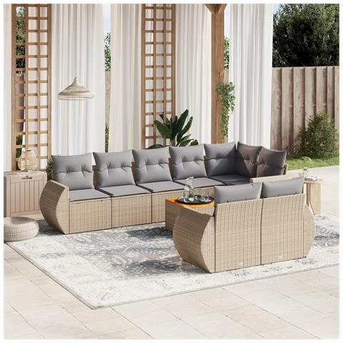 Set Divano Da Giardino 9 Pz Con Cuscini Beige In Polyrattan - Foto 1