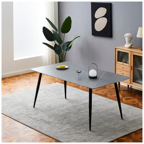 Tavolo Mila 140x80 Con Top In Ceramica Effetto Marmo Grigio Opaco E Gambe In Metallo Nero - Foto 1